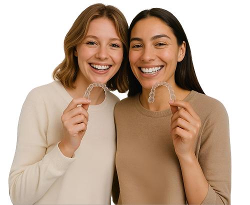 Smiling people holding Invisalign aligners